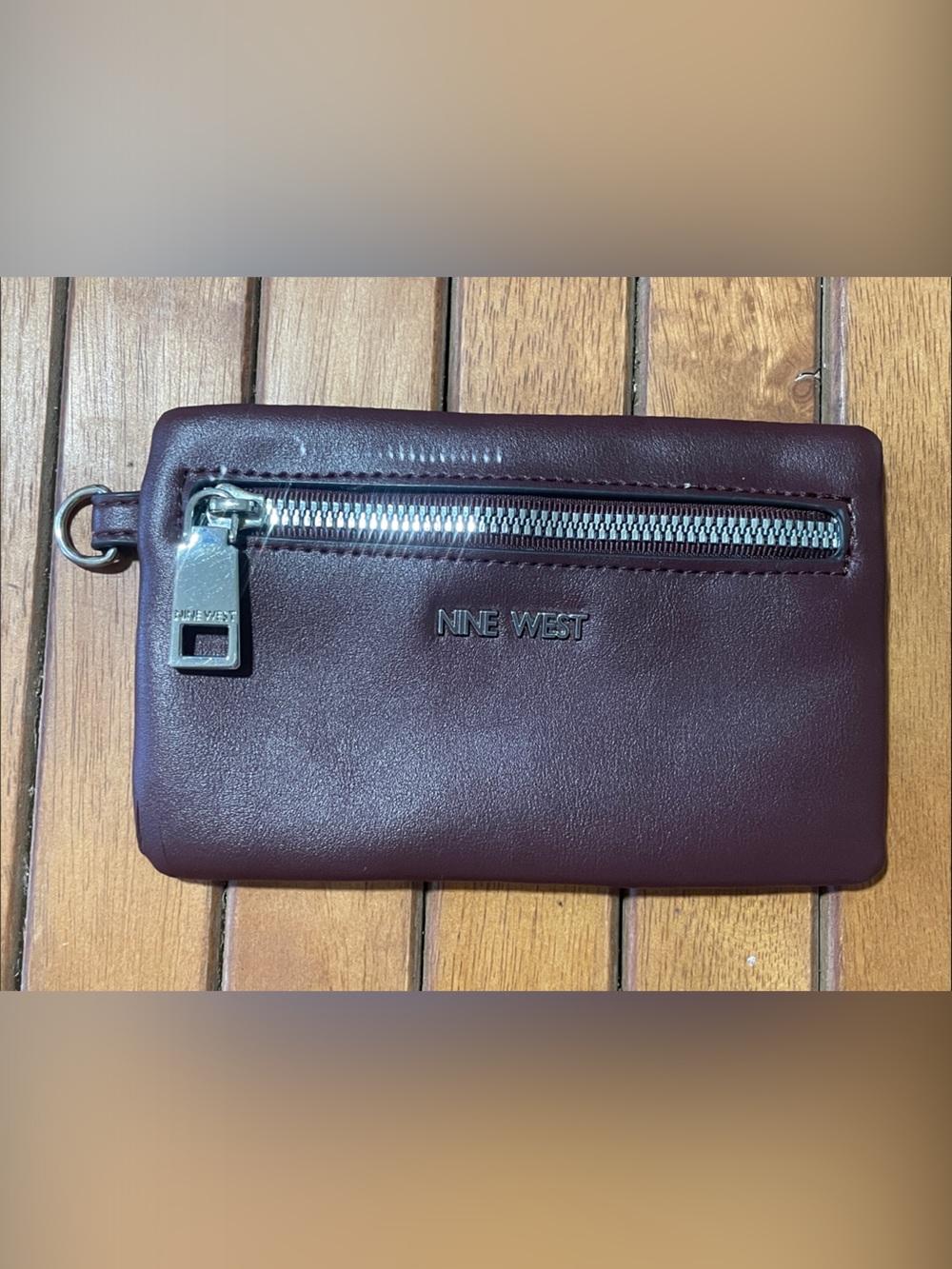 Nine West Women’s Wine Leather Card Wallet with Front Zip